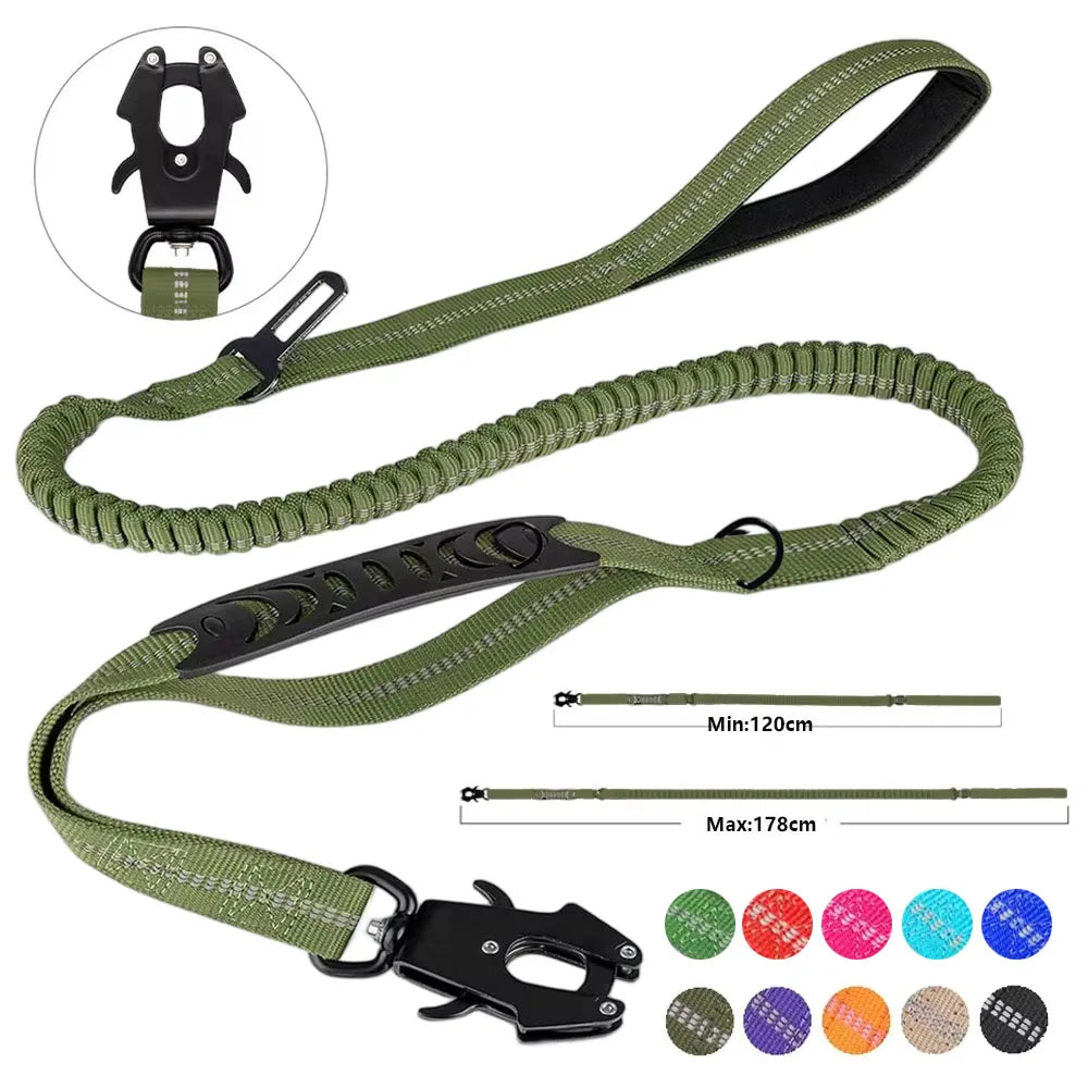 Adjustable Tactical Bungee Dog Leash Heavy Duty Reflective Seatbelt Lead